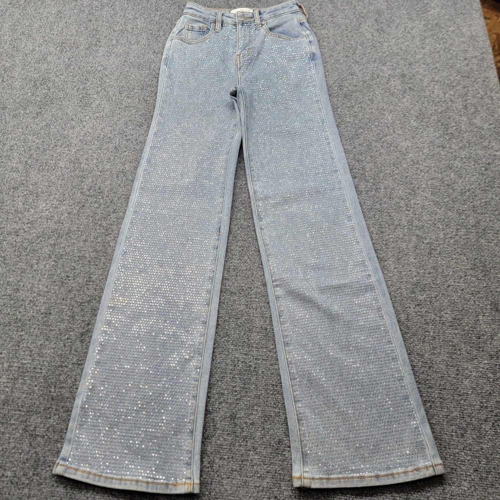 Austin Landing Rhinestone Embellished Wide Leg Jeans Light Wash Blue Size 00